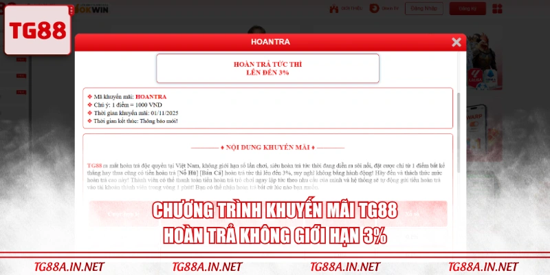 Chương trình khuyến mãi TG88 hoàn trả không giới hạn 3%